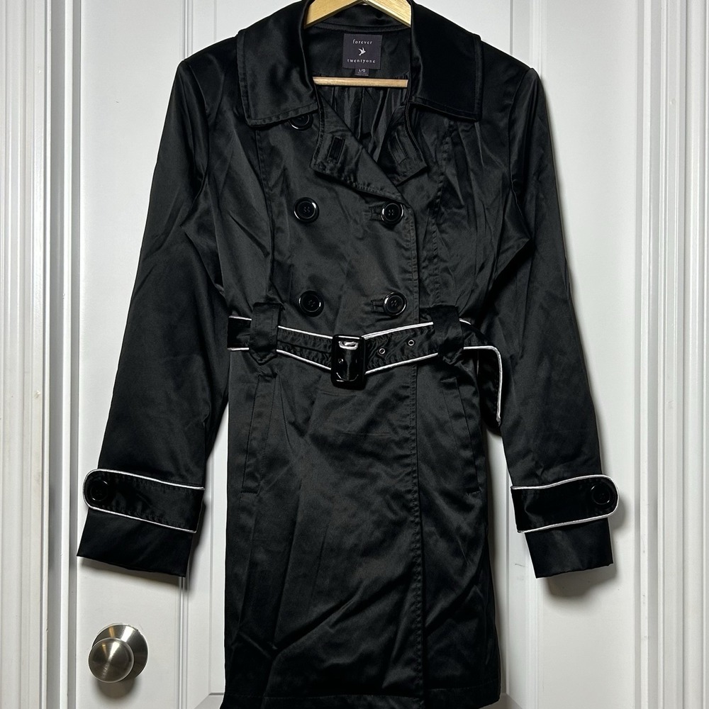 Forever 21 Black Satin Double Breasted Belted Trench Coat Old Hollywood‎ Style